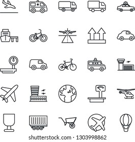 Thin Line Icon Set - plane vector, runway, arrival, alarm car, helicopter, airport building, wheelbarrow, ambulance, bike, earth, truck trailer, delivery, sea port, fragile, up side sign
