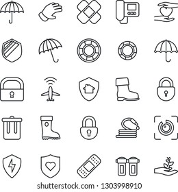 Thin Line Icon Set - plane radar vector, umbrella, trash bin, lock, glove, boot, hose, patch, heart shield, hand, protect, eye id, intercome, water filter, home, crisis management, palm sproute