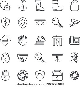 Thin Line Icon Set - plane radar vector, security gate, smoking place, lock, boot, hose, traffic light, shield, protect, key, intercome, home, surveillance, sprinkler, crisis management