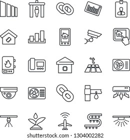 Thin Line Icon Set - plane radar vector, security gate, identity card, drip irrigation, sorting, barcode, chain, air conditioner, smart home, water heater, intercome, control app, warm floor