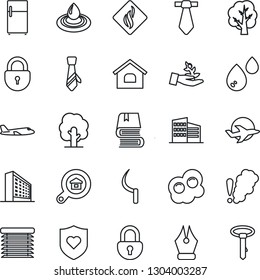 Thin Line Icon Set - plane vector, lock, office building, tree, sickle, heart shield, ink pen, tie, book, house, estate search, omelette, water, smoke detector, jalousie, fridge, palm sproute