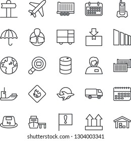 Thin Line Icon Set - plane vector, signpost, earth, important flag, office phone, support, client, sea shipping, truck trailer, cargo container, car delivery, term, port, consolidated, umbrella