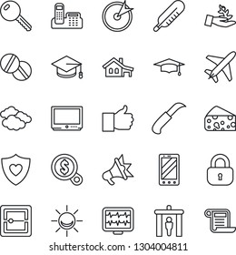 Thin Line Icon Set - plane vector, security gate, clouds, mobile phone, graduate, garden knife, monitor pulse, thermometer, pills, heart shield, tv, finger up, scanner, office, house with garage
