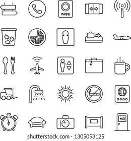 Thin Line Icon Set - plane radar vector, antenna, fence, suitcase, baggage conveyor, hot cup, spoon and fork, automatic door, elevator, alarm clock, phone, no smoking, trash bin, signpost, male, sun