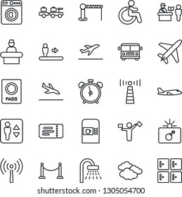 Thin Line Icon Set - plane vector, dispatcher, antenna, fence, departure, arrival, airport bus, barrier, coffee machine, passport control, elevator, escalator, alarm clock, ticket, bomb in case