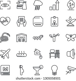 Thin Line Icon Set - plane vector, dispatcher, storm cloud, identity card, growth statistic, desk, document, bulb, factory, butterfly, hose, caterpillar, heart pulse, pregnancy, hdmi, fruit tree