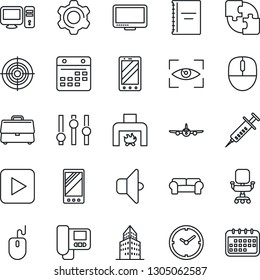 Thin Line Icon Set - plane vector, mobile phone, mouse, syringe, settings, monitor, play button, calendar, application, case, copybook, clock, office building, chair, target, cushioned furniture, pc