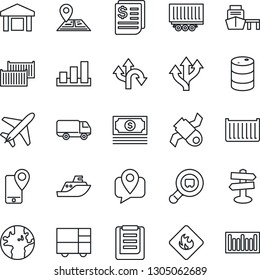 Thin Line Icon Set - plane vector, route, signpost, navigation, earth, satellite, cash, mobile tracking, sea shipping, truck trailer, cargo container, car delivery, receipt, port, consolidated