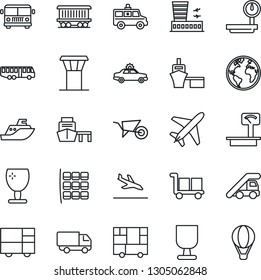 Thin Line Icon Set - plane vector, airport tower, arrival, bus, alarm car, ladder, seat map, building, wheelbarrow, ambulance, earth, railroad, sea shipping, delivery, port, consolidated cargo