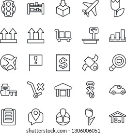 Thin Line Icon Set - plane vector, important flag, satellite, traffic light, client, mobile tracking, car delivery, receipt, sea port, clipboard, cargo, up side sign, no trolley, hook, tulip, search