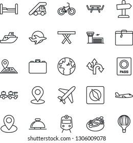 Thin Line Icon Set - plane vector, suitcase, train, reception bell, passport, baggage larry, ladder car, airport building, case, picnic table, bike, route, navigation, earth, pin, sea shipping