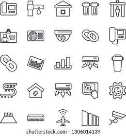 Thin Line Icon Set - plane radar vector, security gate, identity card, drip irrigation, sorting, barcode, chain, root setup, air conditioner, smart home, intercome, control app, water filter