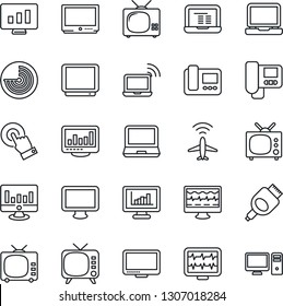 Thin Line Icon Set - plane radar vector, wireless notebook, pc, statistic monitor, pulse, tv, touch screen, laptop, hdmi, statistics, intercome
