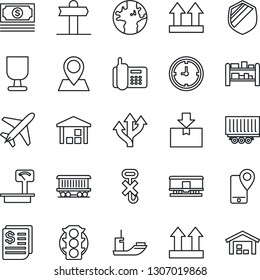 Thin Line Icon Set - plane vector, route, signpost, earth, pin, railroad, cash, traffic light, office phone, mobile tracking, sea shipping, truck trailer, clock, receipt, fragile, up side sign, rack