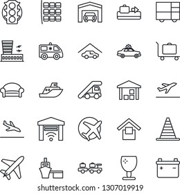 Thin Line Icon Set - plane vector, departure, arrival, baggage conveyor, trolley, waiting area, alarm car, larry, ladder, border cone, seat map, airport building, ambulance, traffic light, port