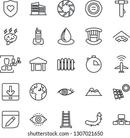 Thin Line Icon Set - plane radar vector, tie, brainstorm, stamp, fence, ladder, water drop, caterpillar, heart shield, eye, earth, office phone, warehouse, mobile camera, stopwatch, notes, download