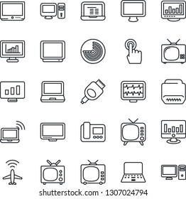 Thin Line Icon Set - plane radar vector, wireless notebook, pc, statistic monitor, pulse, tv, touch screen, laptop, hdmi, statistics, intercome