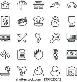 Thin Line Icon Set - plane vector, route, railroad, store, cash, 24 hours, support, sea shipping, truck trailer, car delivery, receipt, clipboard, fragile, cargo, umbrella, warehouse storage, tulip