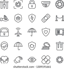 Thin Line Icon Set - plane radar vector, fence, security gate, trash bin, safe, glove, hose, patch, heart shield, hand, umbrella, protect, lock, eye id, estate insurance, home, surveillance