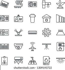 Thin Line Icon Set - plane radar vector, identity card, drip irrigation, sorting, barcode, root setup, air conditioner, smart home, water heater, filter, warm floor, surveillance, sprinkler