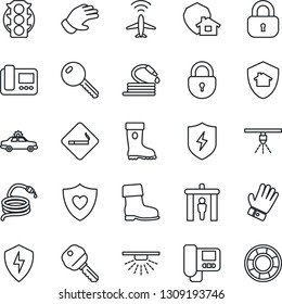 Thin Line Icon Set - plane radar vector, security gate, smoking place, alarm car, lock, glove, boot, hose, heart shield, traffic light, protect, key, intercome, home, sprinkler, crisis management
