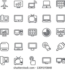 Thin Line Icon Set - plane radar vector, wireless notebook, pc, statistic monitor, pulse, tv, touch screen, laptop, hdmi, statistics, intercome