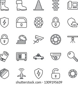 Thin Line Icon Set - plane radar vector, alarm car, border cone, safe, lock, glove, boot, hose, traffic light, shield, protect, key, intercome, home, surveillance, sprinkler, crisis management