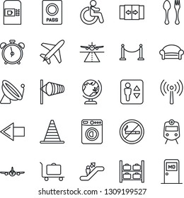 Thin Line Icon Set - plane vector, runway, antenna, satellite, fence, baggage trolley, spoon and fork, coffee machine, automatic door, train, elevator, escalator, alarm clock, no smoking, disabled