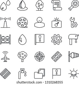 Thin Line Icon Set - plane radar vector, bomb in case, wind, luggage storage, contract, water drop, heart diagnostic, pills blister, patient, important flag, folder document, reel, antenna, target