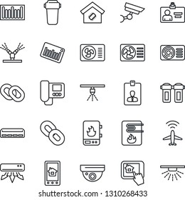 Thin Line Icon Set - plane radar vector, identity card, barcode, chain, air conditioner, smart home, irrigation, water heater, intercome, control app, filter, surveillance, sprinkler