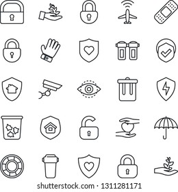 Thin Line Icon Set - plane radar vector, trash bin, lock, glove, patch, heart shield, hand, umbrella, protect, eye id, estate insurance, water filter, home, surveillance, palm sproute
