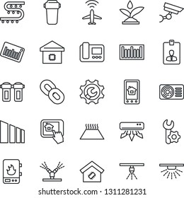 Thin Line Icon Set - plane radar vector, identity card, drip irrigation, sorting, barcode, chain, root setup, air conditioner, smart home, water heater, intercome, control app, filter, warm floor