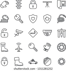 Thin Line Icon Set - plane radar vector, security gate, smoking place, alarm car, lock, glove, boot, hose, heart shield, traffic light, key, intercome, home protect, surveillance, sprinkler