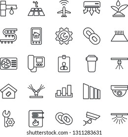Thin Line Icon Set - plane radar vector, identity card, drip irrigation, sorting, chain, root setup, smart home, water heater, air conditioner, intercome, control app, filter, warm floor, sprinkler