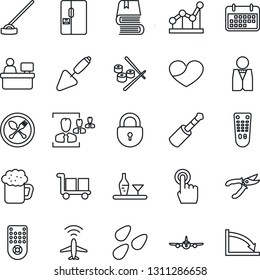 Thin Line Icon Set - plane radar vector, spoon and fork, lock, manager place, trowel, pruner, hoe, seeds, term, cargo, remote control, touch screen, heart, jack connector, hr, point graph, book
