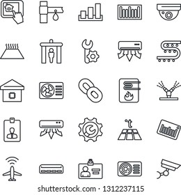 Thin Line Icon Set - plane radar vector, security gate, identity card, drip irrigation, sorting, barcode, chain, root setup, air conditioner, smart home, water heater, control app, warm floor