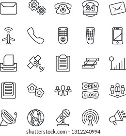 Thin Line Icon Set - plane radar vector, satellite antenna, gear, 24 hours, clipboard, microphone, remote control, network, cell phone, call, cellular signal, paper tray, mail, company, open close