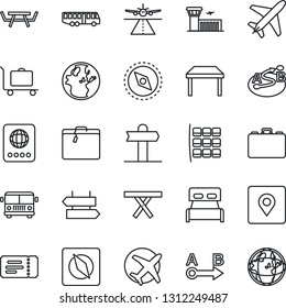 Thin Line Icon Set - plane vector, runway, suitcase, baggage trolley, airport bus, signpost, ticket, passport, seat map, building, case, picnic table, route, place tag, compass, bedroom, earth