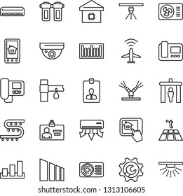 Thin Line Icon Set - plane radar vector, security gate, identity card, drip irrigation, sorting, barcode, root setup, air conditioner, smart home, intercome, control app, water filter, warm floor