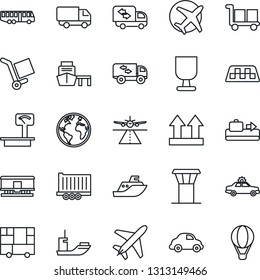 Thin Line Icon Set - plane vector, airport tower, runway, taxi, baggage conveyor, bus, alarm car, earth, sea shipping, truck trailer, delivery, port, consolidated cargo, fragile, up side sign