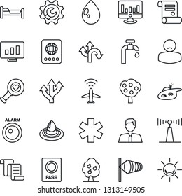 Thin Line Icon Set - plane radar vector, passport, bed, wind, contract, statistic monitor, water drop, heart diagnostic, ambulance star, patient, route, antenna, root setup, pond, supply, fruit tree