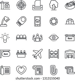 Thin Line Icon Set - plane vector, waiting area, luggage storage, tree, greenhouse, heart, route, eye id, paper clip, office phone, desk lamp, target, meeting, tray, garage, rent, crane, usb flash