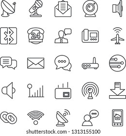 Thin Line Icon Set - plane radar vector, mail, 24 hours, satellite antenna, microphone, speaker, dialog, chain, network, download, bluetooth, cellular signal, wireless, router, web camera, intercome