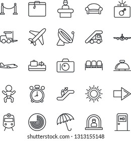Thin Line Icon Set - plane vector, satellite antenna, fence, suitcase, baggage conveyor, train, umbrella, escalator, alarm clock, waiting area, bomb in case, reception bell, baby, camera, ladder car