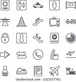 Thin Line Icon Set - plane vector, runway, fence, departure, baggage conveyor, parking, elevator, escalator, phone, signpost, male, female, tv, alarm car, baby room, passport, stamp, right arrow
