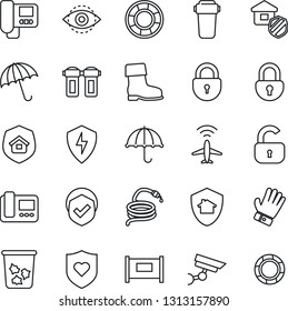 Thin Line Icon Set - plane radar vector, fence, umbrella, trash bin, lock, glove, boot, hose, heart shield, protect, eye id, estate insurance, intercome, water filter, home, surveillance