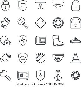 Thin Line Icon Set - plane radar vector, smoking place, alarm car, border cone, safe, lock, glove, boot, heart shield, protect, key, intercome, home, surveillance, sprinkler, crisis management