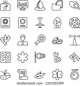 Thin Line Icon Set - plane radar vector, bomb in case, passport, wind, statistic monitor, contract, water drop, pond, heart diagnostic, ambulance star, route, folder document, reel, antenna