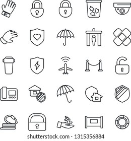 Thin Line Icon Set - plane radar vector, fence, security gate, umbrella, trash bin, lock, glove, hose, patch, heart shield, protect, estate insurance, intercome, water filter, home, surveillance