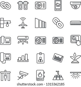 Thin Line Icon Set - plane radar vector, security gate, identity card, drip irrigation, sorting, barcode, chain, air conditioner, water heater, intercome, home control app, filter, warm floor